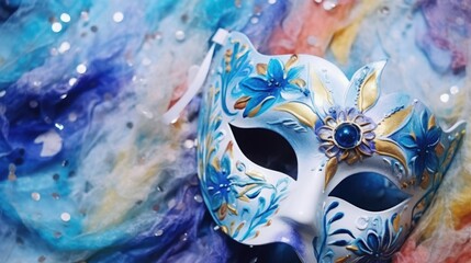 A white mask with intricate blue and gold designs. Perfect for masquerade parties or theatrical performances