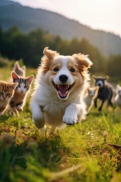 A dog is seen running in a field with a bunch of kittens. This image can be used to depict the bond between different species or to represent playfulness and friendship