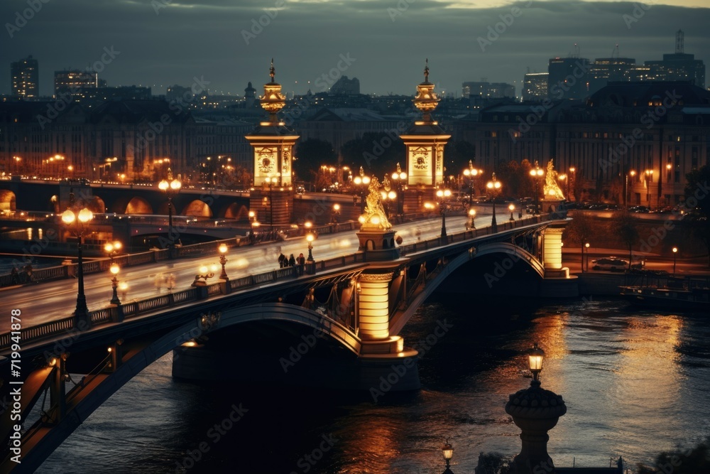 Poster a bridge spanning a body of water at night. suitable for various uses