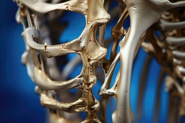 A close up view of a skeleton against a blue background. This image can be used for educational purposes or in Halloween-themed designs