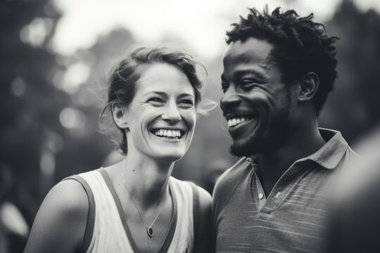 A black and white photo capturing a moment of joy as a man and woman share a laughter. This image can be used to depict happiness, friendship, or to illustrate a lighthearted moment
