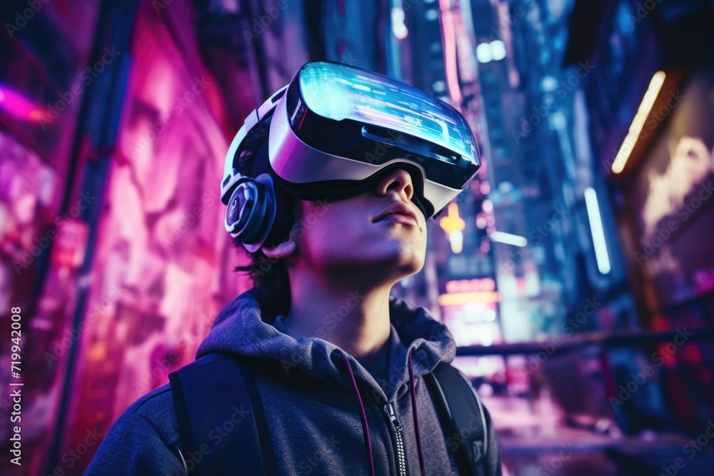 Poster a man is pictured wearing a virtual reality headset in a city. this image can be used to depict tech
