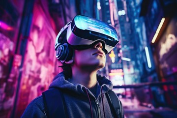 A man is pictured wearing a virtual reality headset in a city. This image can be used to depict technology, virtual reality experiences, or the future of gaming