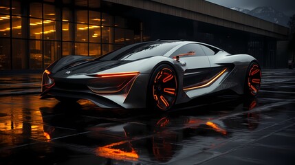 A futuristic, sleek sports car in metallic silver, reflecting the surrounding environment against a sleek black background