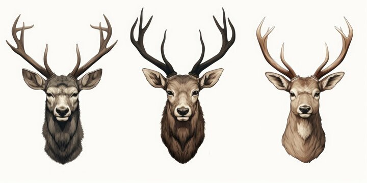 Three deer heads with antlers on a white background. Can be used for hunting or wildlife-themed designs