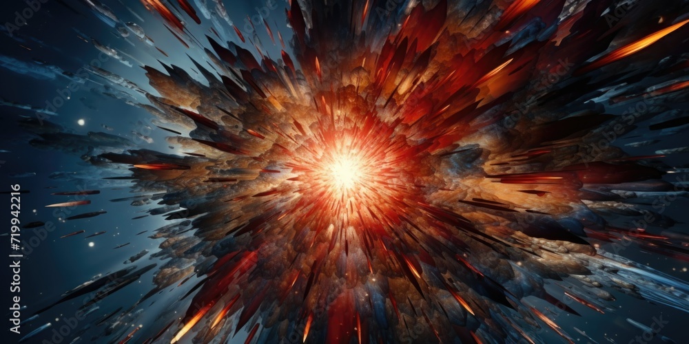 Poster A captivating image capturing a large explosion of red and orange colors bursting into the air. Perfect for adding a dynamic and energetic element to any project