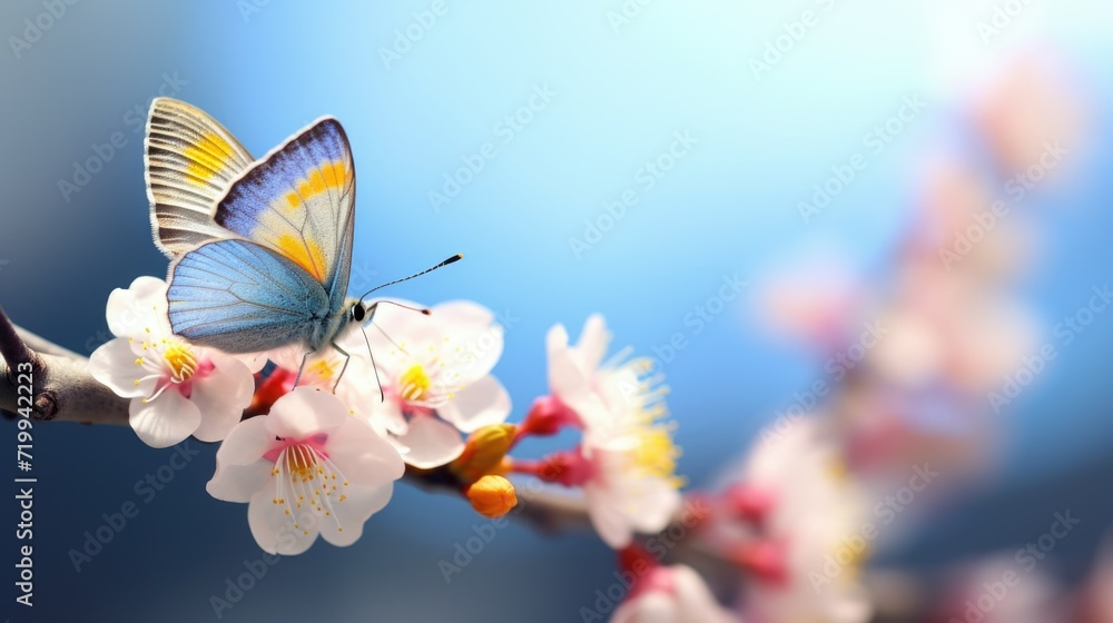 Poster a butterfly perched on a branch of a tree. suitable for nature-themed designs and educational materi