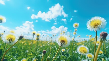 A vibrant field full of yellow dandelions under a clear blue sky. Suitable for nature-themed designs and concepts