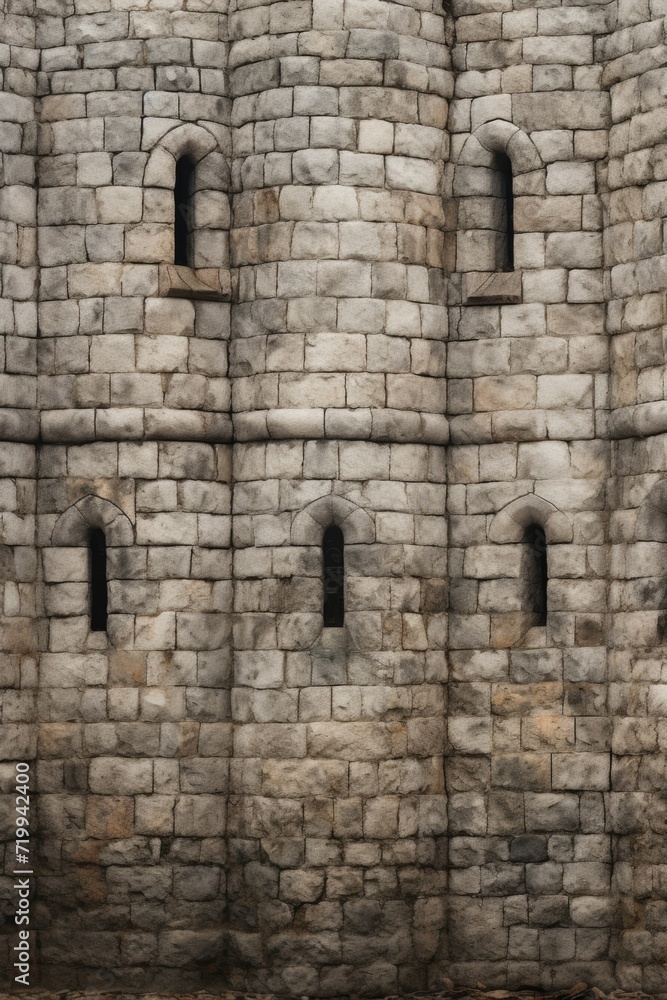 Aufkleber A picture of a stone wall with three windows and a bench in front of it. This image can be used to depict a peaceful outdoor setting or a historical building