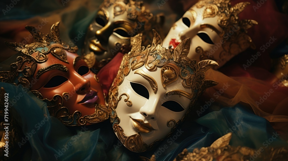 Poster A close up view of a group of masks. Perfect for adding a touch of mystery and intrigue to any project