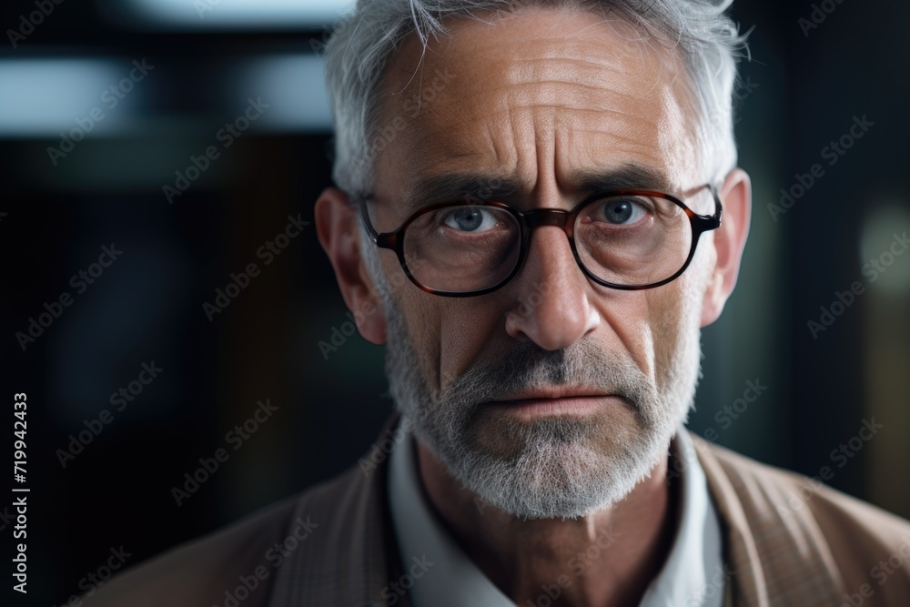 Poster a close-up view of a person wearing glasses. suitable for various uses