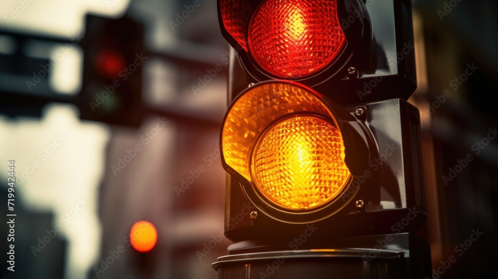 Poster a picture of a traffic light with a red light in the background. suitable for illustrating traffic r