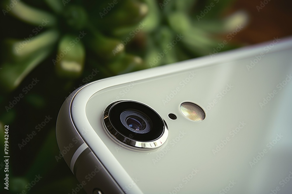 Poster Close up view of a camera lens on a cell phone. Perfect for technology and photography related projects