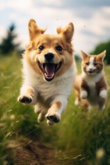 A dog and a cat running freely in a wide open field. Suitable for various uses