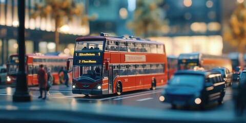 A red double decker bus driving down a street. Suitable for transportation and cityscape themes - obrazy, fototapety, plakaty