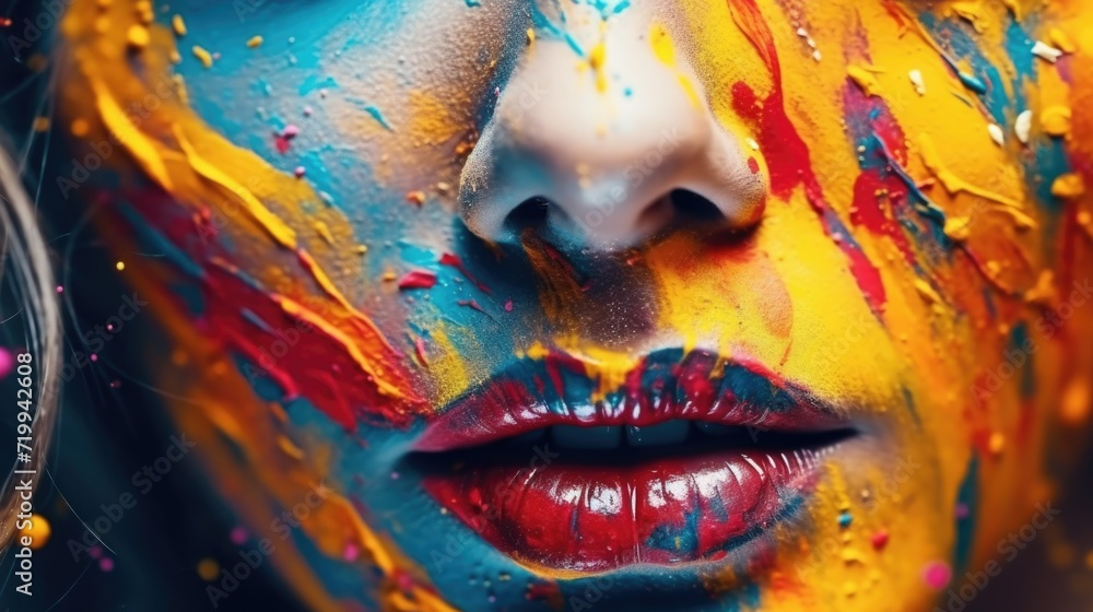 Aufkleber A close-up view of a woman's face with paint on it. This image can be used for artistic projects or to depict creativity and self-expression