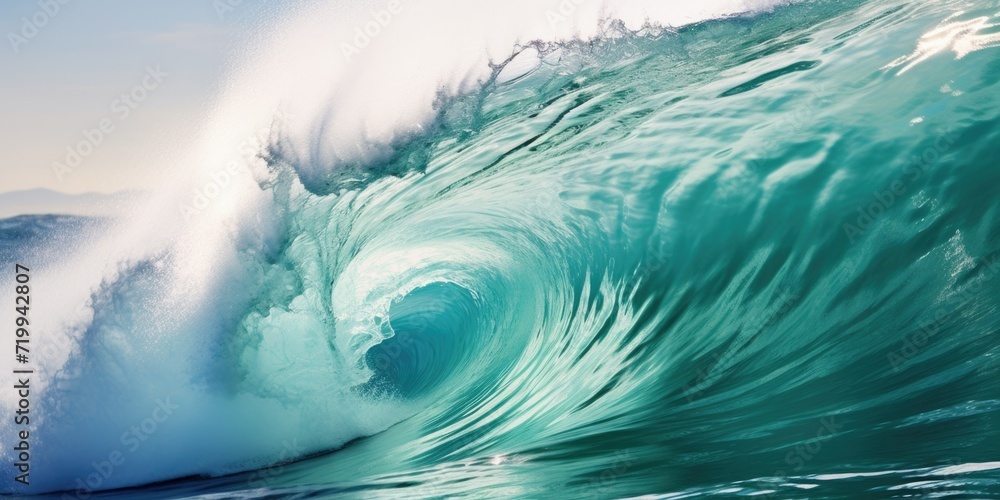 Poster a powerful wave crashing in the vast ocean. perfect for capturing the beauty and strength of nature.