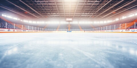 An empty hockey rink with a goalie net in the background. Suitable for sports-themed projects and designs