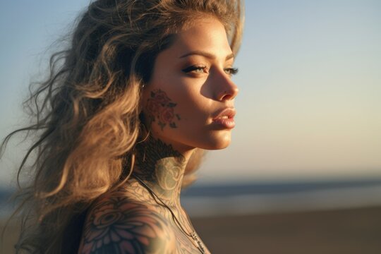 A woman with tattoos on her face and neck. Can be used to depict alternative fashion or personal expression