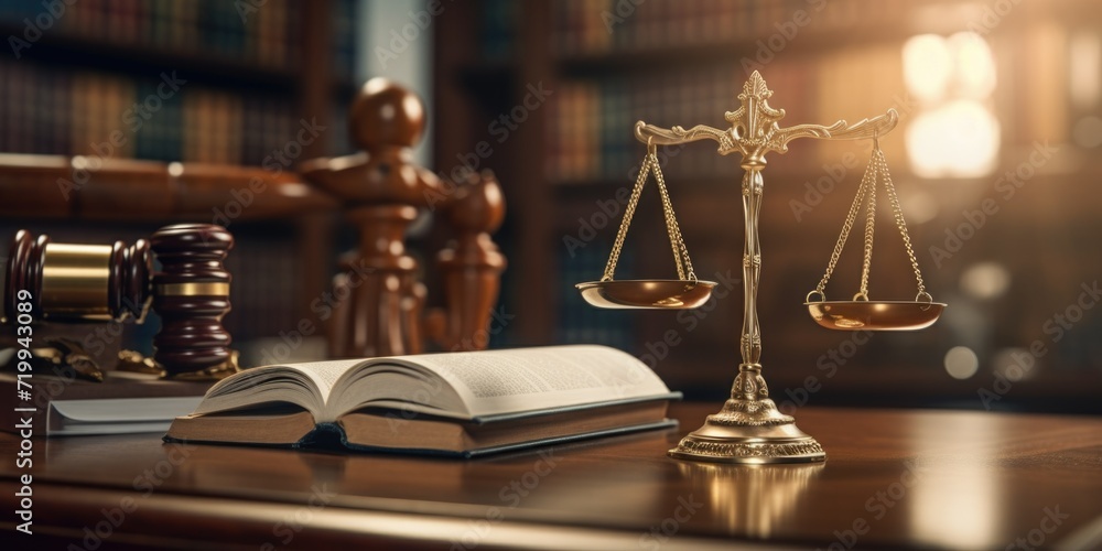 Poster a wooden table with a book and a scale of justice. perfect for legal concepts and law-related design