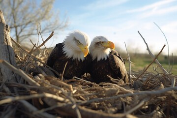 Two bald eagles sitting on top of a nest. Suitable for nature and wildlife themes