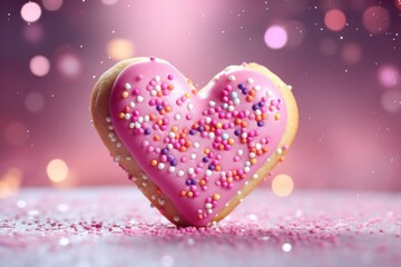 Obraz premium A delicious pink heart shaped doughnut with colorful sprinkles. Perfect for celebrating love or indulging in a sweet treat. Great for Valentine's Day, birthdays, or any special occasion