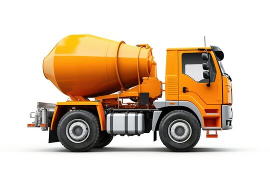 A vibrant orange cement mixer truck is displayed against a clean white background. This image can be used to depict construction, transportation, or industrial themes