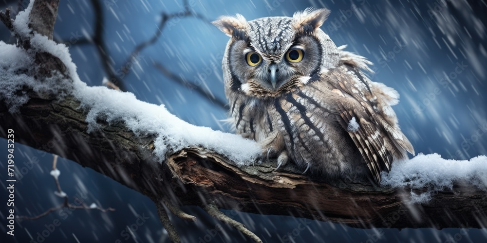Poster a beautiful snowy owl sits on a branch covered in snow. this image can be used to depict the winter 