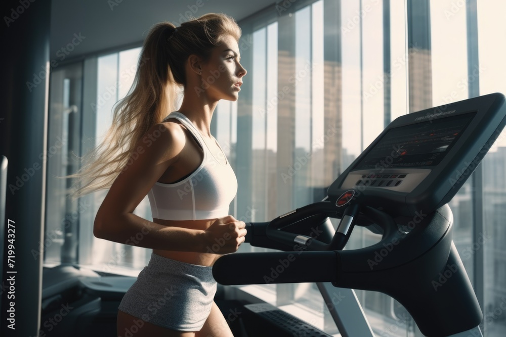 Poster a woman running on a treadmill in a gym. suitable for fitness and exercise-related content