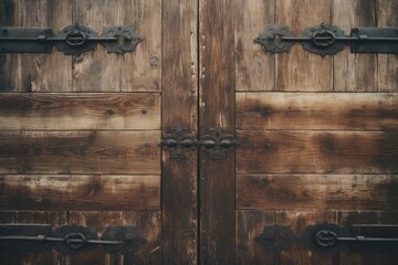 A detailed view of a wooden door with iron hardware. This image can be used to showcase traditional architecture or as a background for design projects