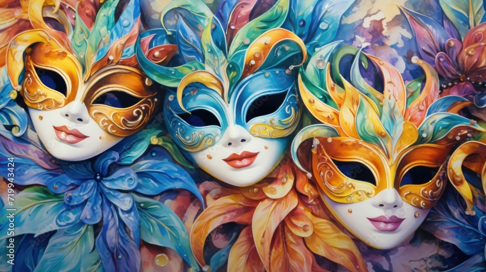Aufkleber Three colorful masks on a vibrant background. Perfect for adding a pop of color to any project
