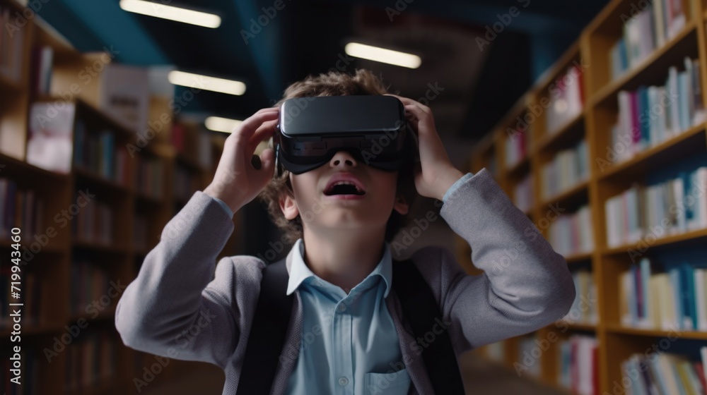 Poster a young boy is immersed in a virtual reality experience while sitting in a library.