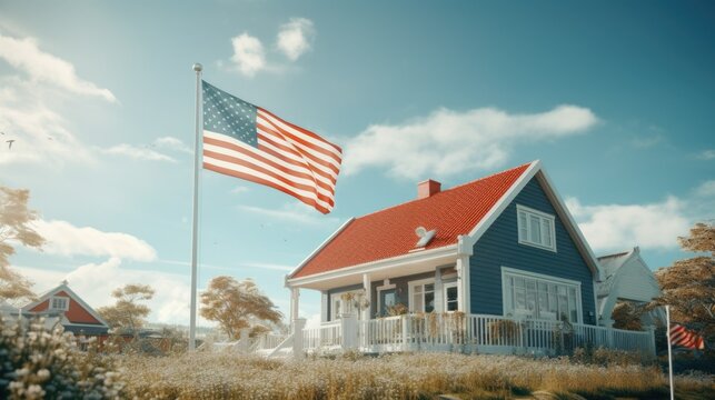 A house with an American flag proudly flying in front of it. This image can be used to depict patriotism, American culture, or a sense of home