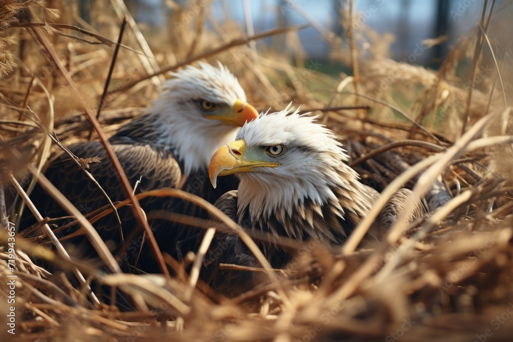 Poster two bald eagles sitting next to each other in a field. perfect for nature and wildlife enthusiasts