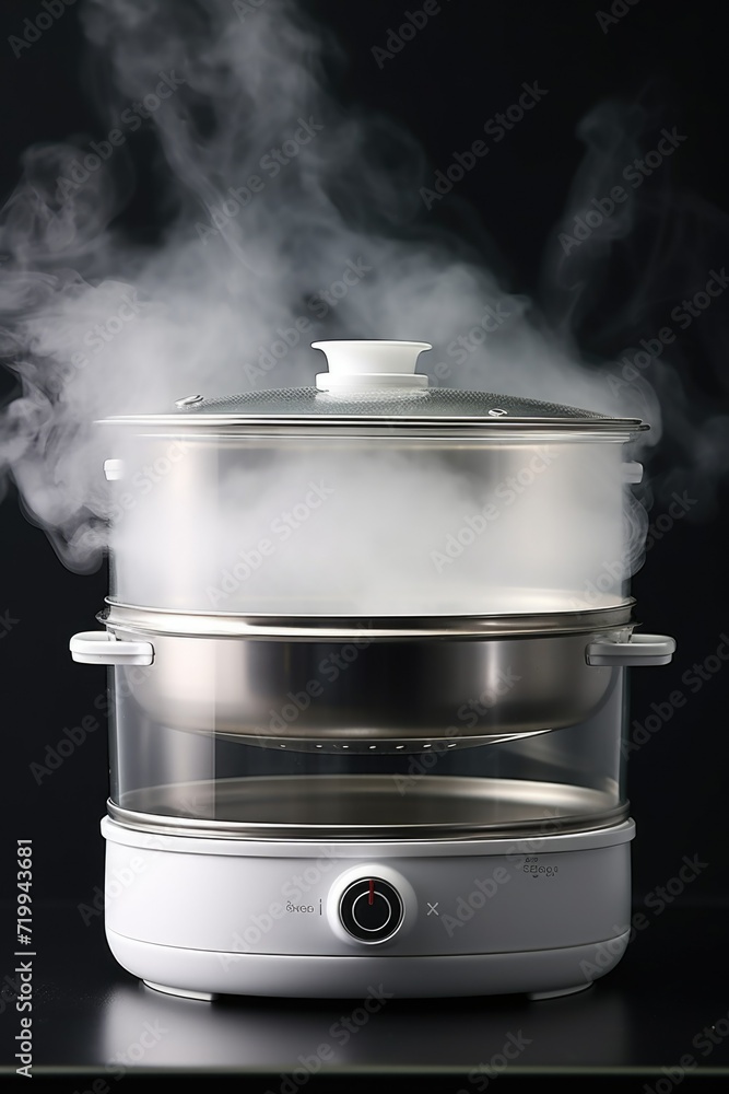 Poster a picture of a steaming pot on a table with steam coming out of it. perfect for food and cooking-rel
