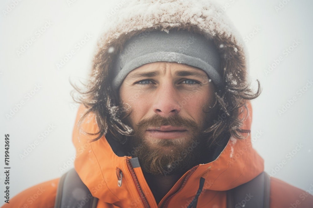 Poster A picture of a man with a beard wearing an orange jacket. Suitable for various concepts and themes
