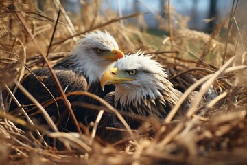 Two bald eagles sitting next to each other in a field. Perfect for nature and wildlife enthusiasts