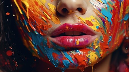A close-up view of a person with paint on their face. This image can be used for various purposes, such as Halloween costumes, theatrical makeup, or artistic expressions