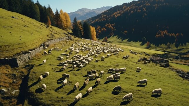 A herd of sheep peacefully grazing on a lush green hillside. This image can be used to depict rural landscapes, agriculture, farming, or the beauty of nature