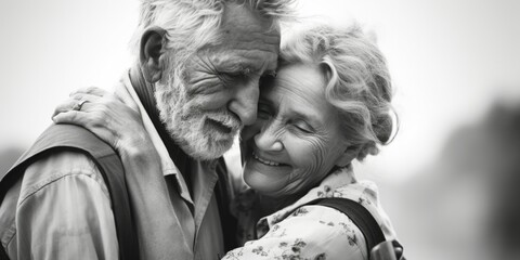 A black and white photo of a man and a woman. This image can be used to depict a couple, love, relationships, or nostalgia - obrazy, fototapety, plakaty