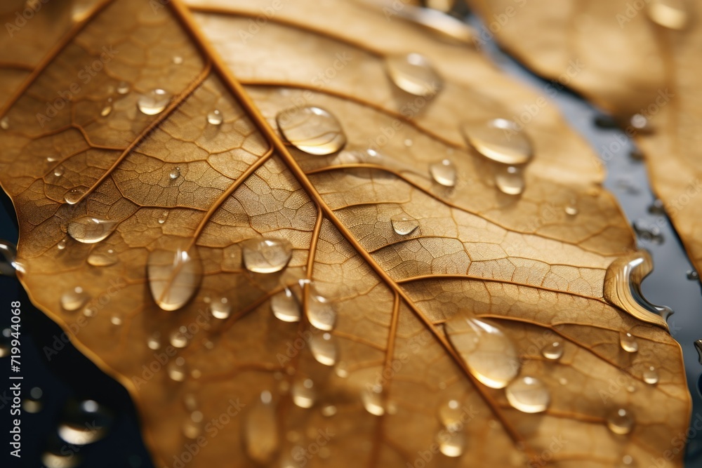Poster A detailed view of a leaf with water droplets. This image captures the beauty of nature and the intricate details of a leaf. Perfect for use in environmental or botanical projects