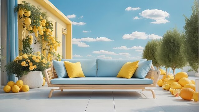 Outdoor Patio with Blue Sofa, Yellow Cushions, Lemon Trees, Clear Sky