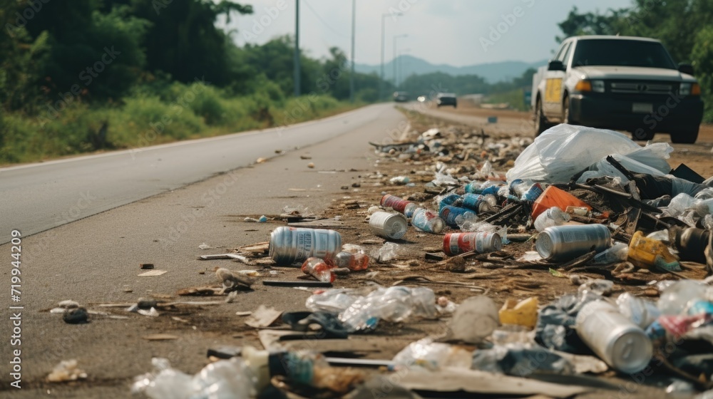 Poster A pile of trash discarded on the side of the road. This image can be used to highlight environmental issues and the need for proper waste management