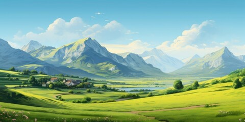 A painting of a green valley with majestic mountains in the background. Perfect for nature lovers and landscape enthusiasts