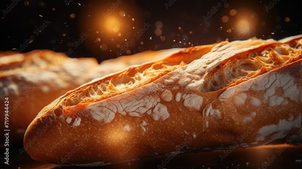 Poster a close-up view of a loaf of bread on a table. perfect for food-related projects and culinary themes