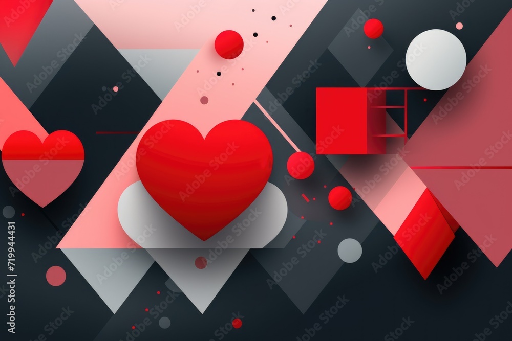 Poster a red heart is depicted on a black background, surrounded by various geometric shapes. this image ca