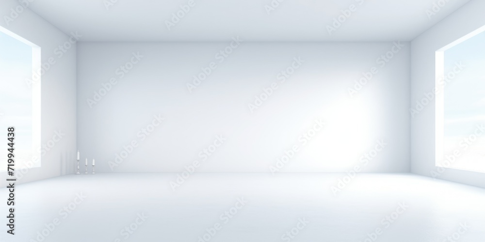 Poster a simple, minimalist room with white flooring and two windows. perfect for showcasing furniture or a