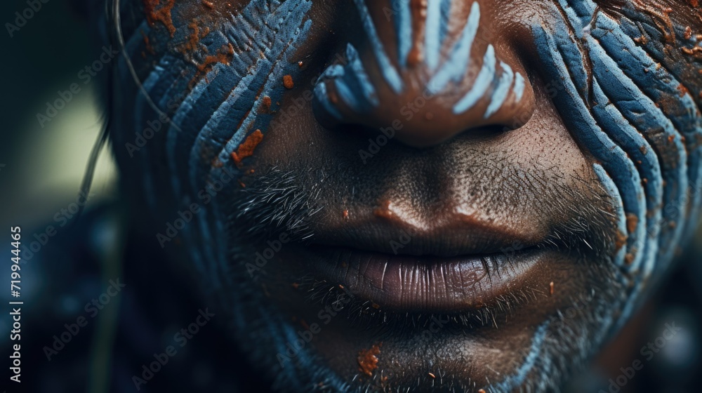 Poster A close up view of a person with a painted face. This image can be used for various purposes