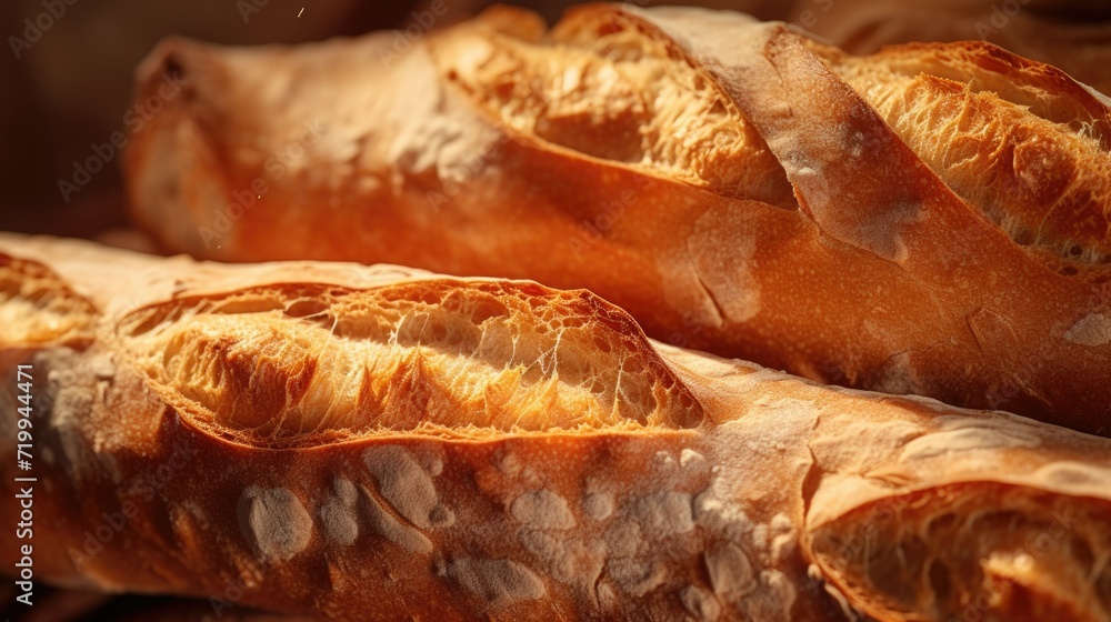 Poster A close-up view of a bunch of bread on a table. Perfect for food-related projects and culinary themes