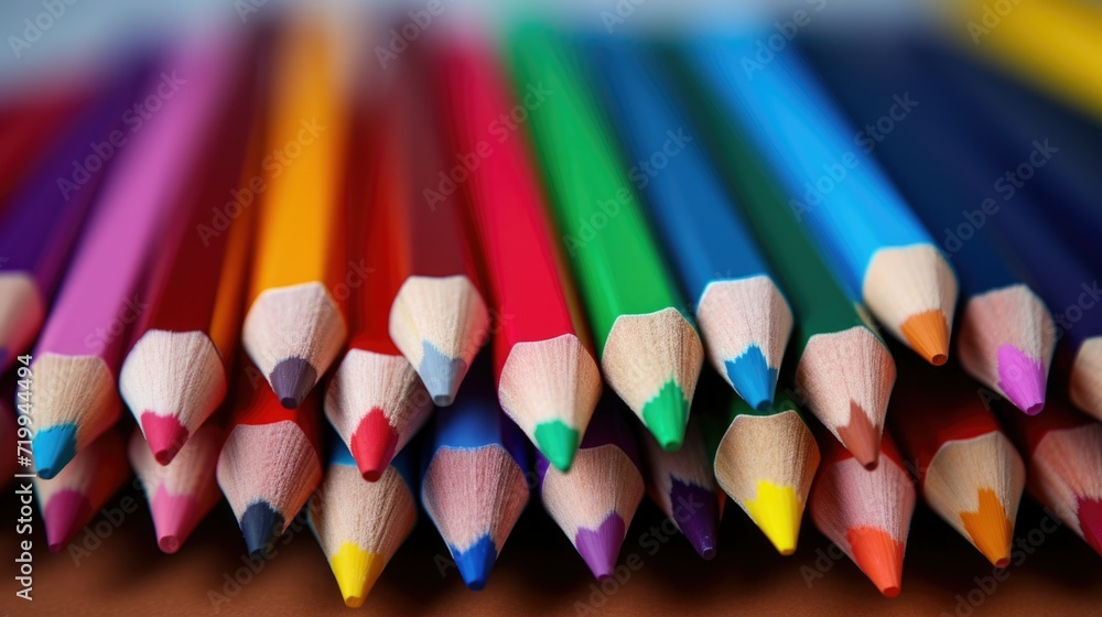Poster A close-up view of a bunch of colored pencils. This image can be used for various purposes such as education, art, creativity, and design